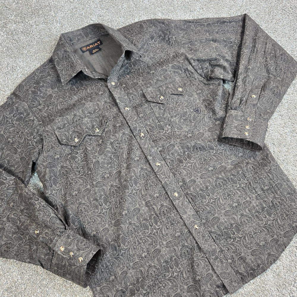 Ariat Western Shirt Men M Snap Front‎ Brown Paisley Retro Fit Long Sleeve Rodeo